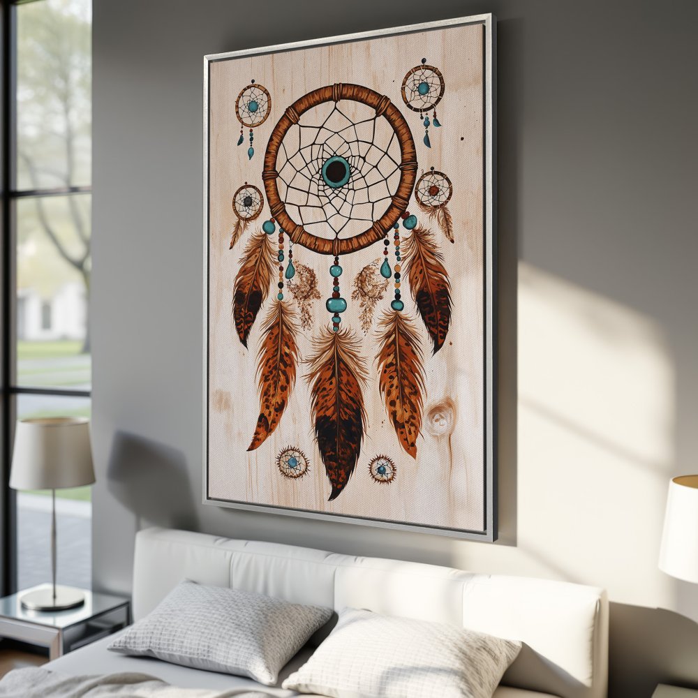 Framed Wall Art: Dreamcatcher canvas print in boho style with warm brown and turquoise tones, perfect for bedroom decor.