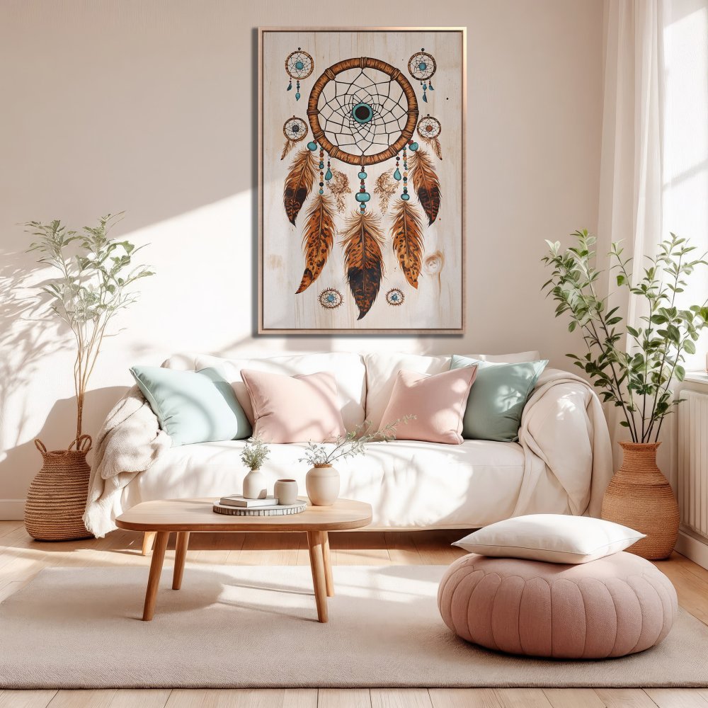 Framed Wall Art: Dreamcatcher Canvas Print in boho style, featuring warm brown, teal, and cream tones. Perfect for living room decor!