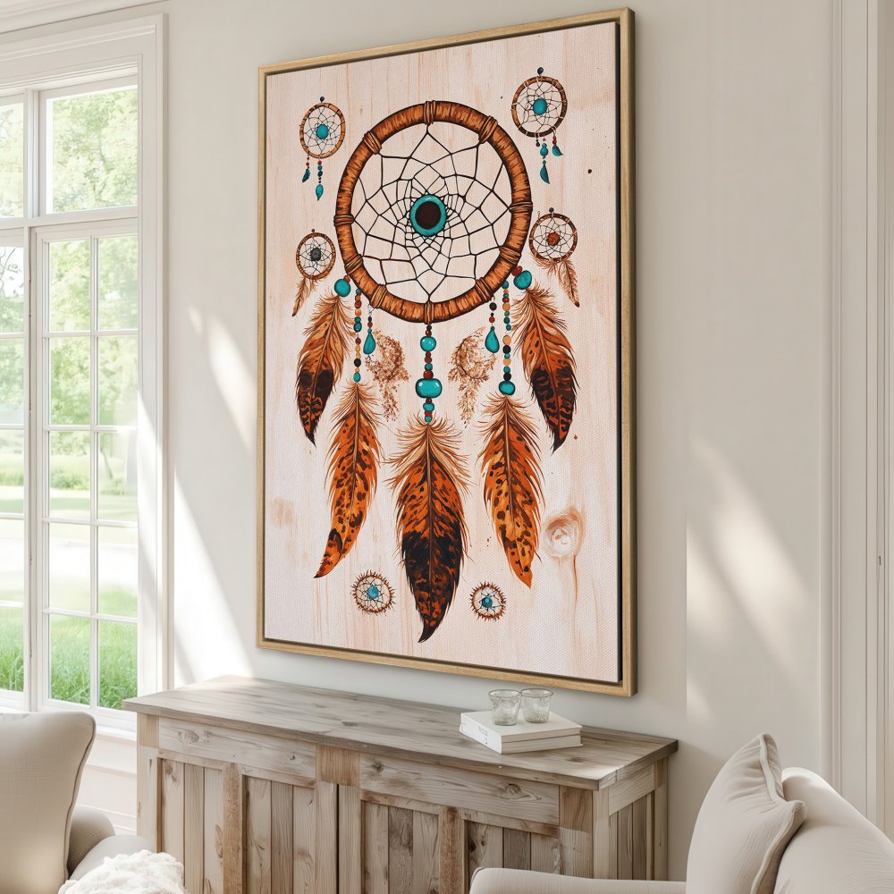 Framed Wall Art: Dreamcatcher design in earthy tones. Boho style canvas print with turquoise accents, perfect for adding a touch of serenity.