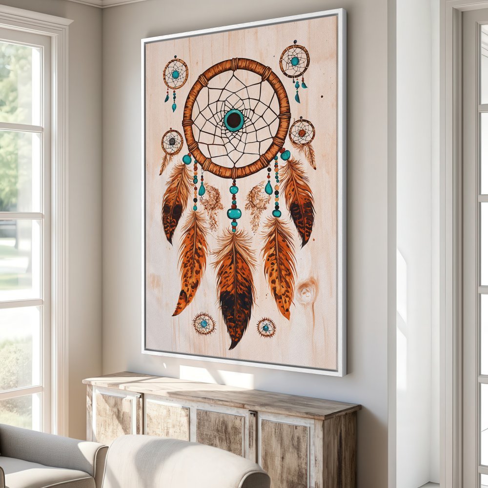 Framed Wall Art: Dreamcatcher print in warm orange and turquoise tones. Boho style canvas art for your home decor.