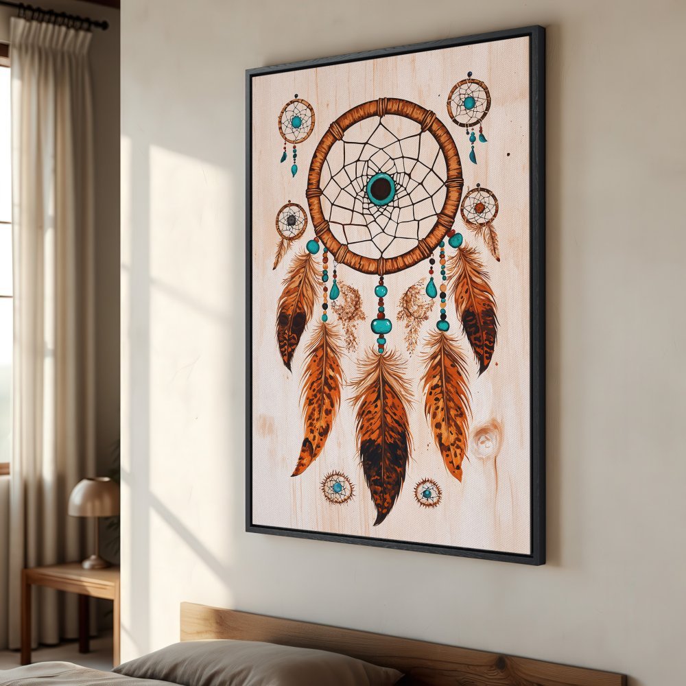 Framed Wall Art: Dreamcatcher Canvas Print in boho style with warm brown, turquoise, and cream color palette. Perfect for adding a touch of serenity to your space.