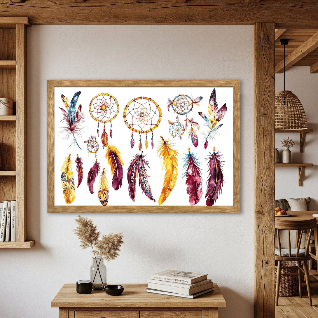 Framed Poster featuring watercolor dreamcatchers and feathers. Bohemian style art with warm, earthy tones. Perfect wall decor.