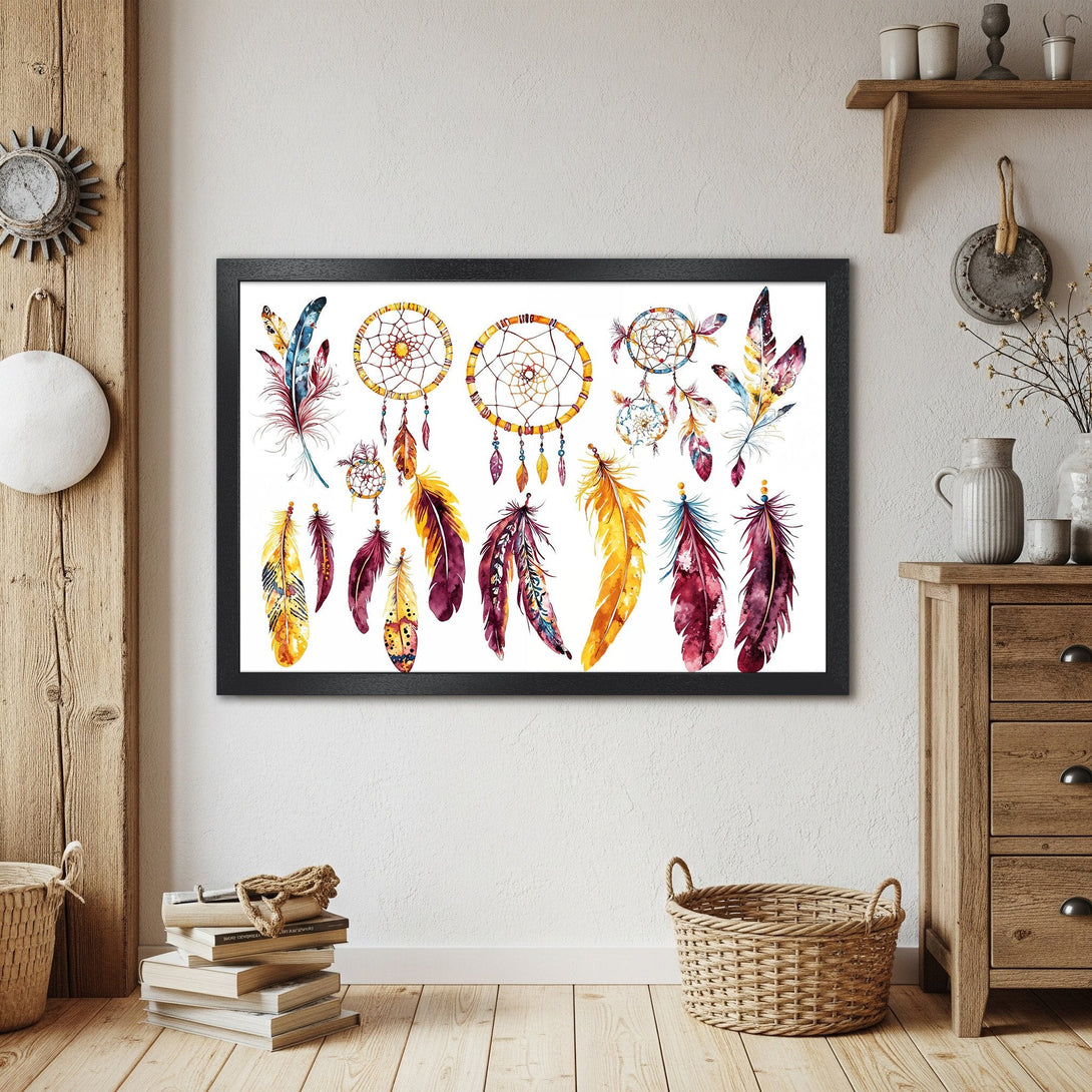 Framed Poster featuring watercolor dreamcatchers and feathers, boho style, warm color palette. Perfect wall art!