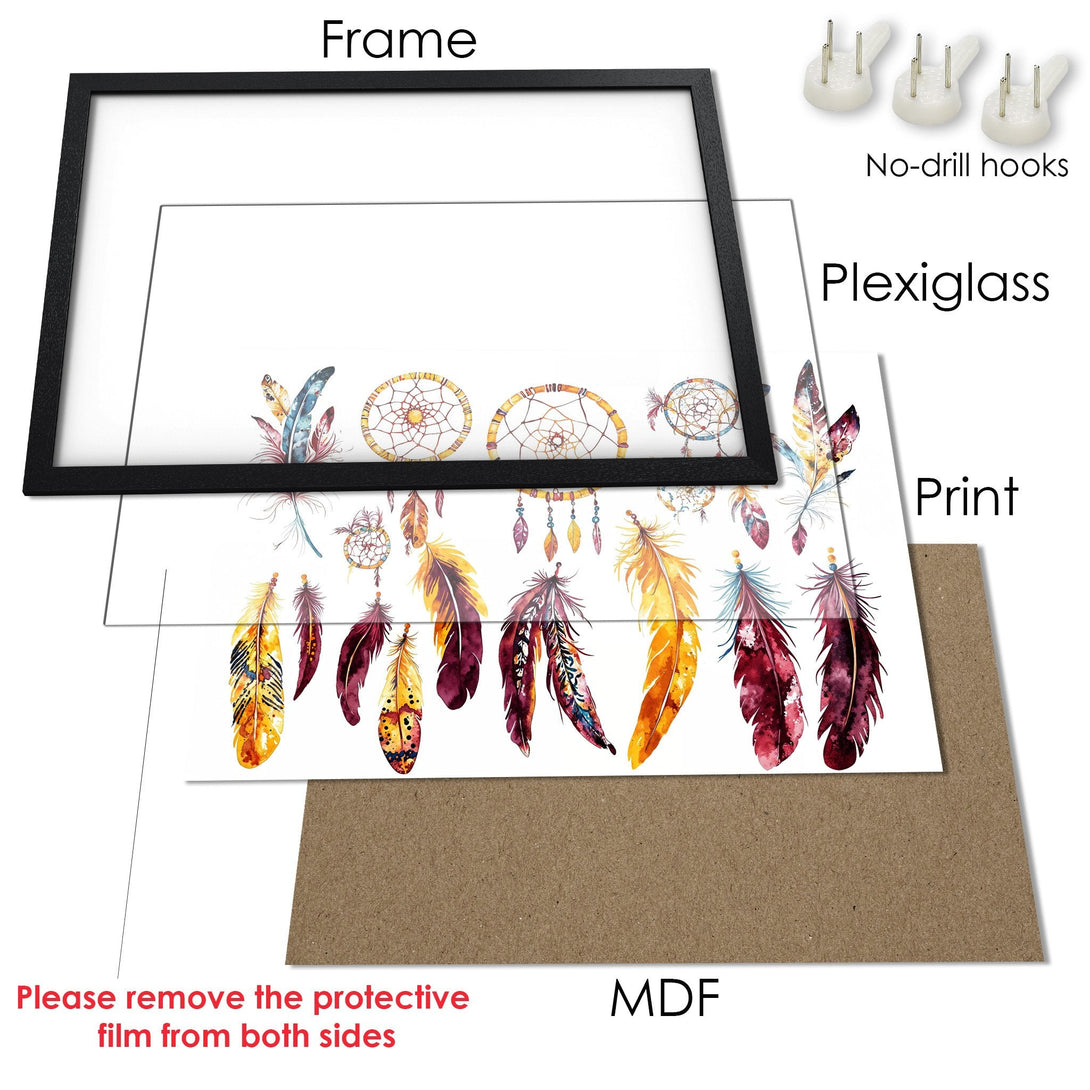Framed Poster featuring watercolor feathers and dreamcatchers. Warm, earthy tones on a white background. Perfect wall art!