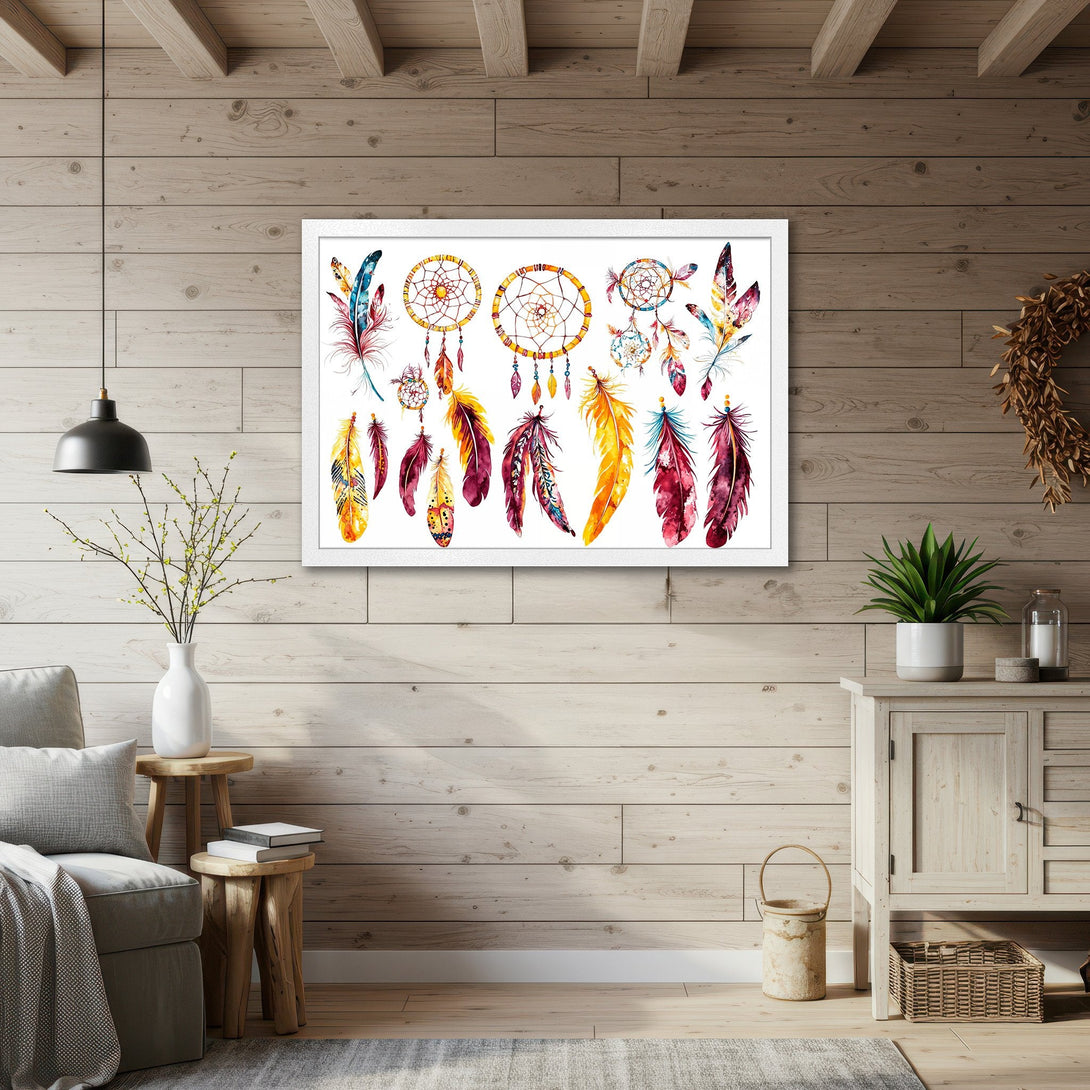 Framed Poster featuring watercolor dreamcatchers and feathers in a warm, earthy color palette. Perfect boho wall art!