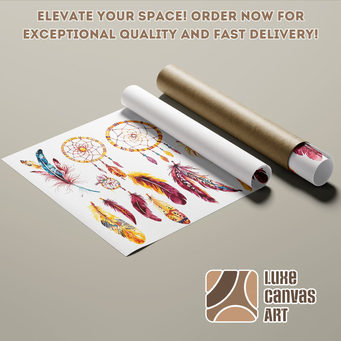 Poster Roll featuring watercolor dreamcatchers and feathers, warm color palette, perfect wall art.