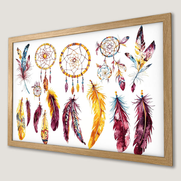 Framed Poster featuring watercolor dreamcatchers and feathers in warm, earthy tones. Perfect boho wall art!