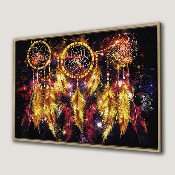 Canvas Print of dreamcatchers in vibrant red, yellow, and black. Bohemian style wall art for a stunning interior.