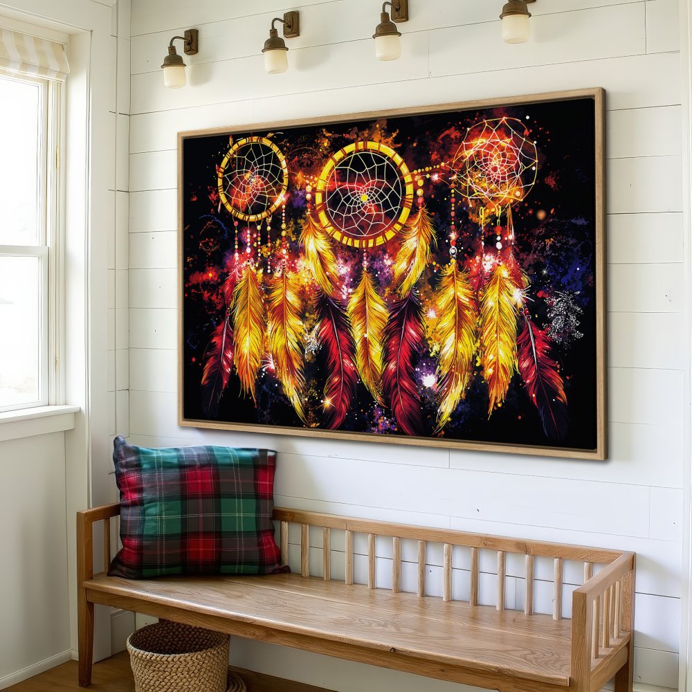 Framed Wall Art: Dreamcatcher print with vibrant red, yellow, and orange feathers. Boho style canvas art for your home decor.