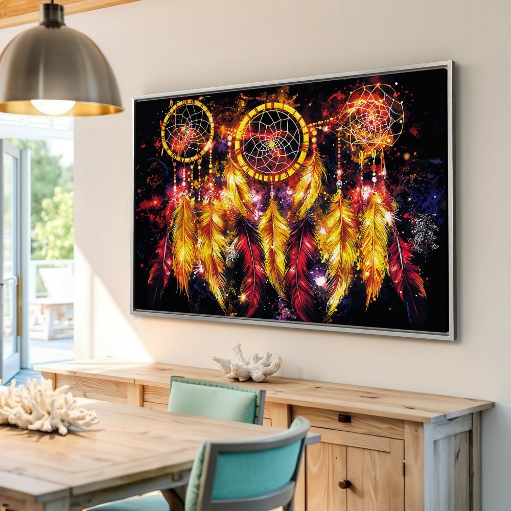 Framed Wall Art: Dreamcatcher Canvas Print in vibrant red, yellow, and orange hues. Perfect boho wall decor for a stylish living room.