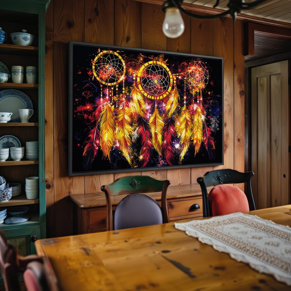 Framed Wall Art: Dreamcatcher canvas print with vibrant red, yellow, and orange feathers. Boho style wall decor for a warm, inviting space.