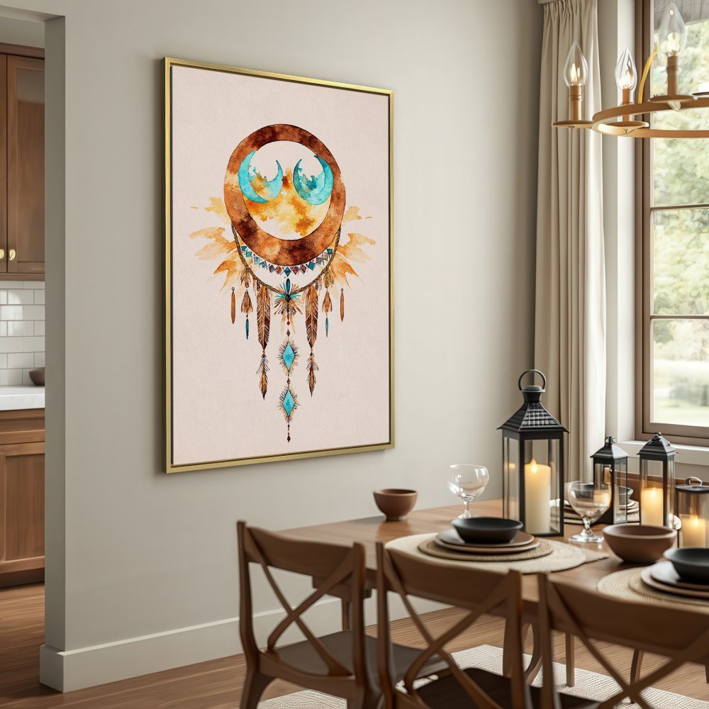 Boho Canvas Print featuring a watercolor dreamcatcher in warm earth tones and turquoise accents. Perfect wall art for a stylish home!
