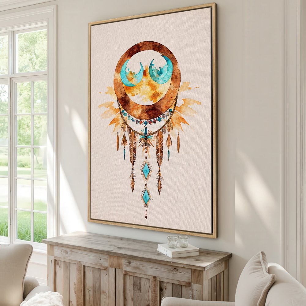 Boho Canvas Print featuring a watercolor dreamcatcher in warm earth tones with turquoise accents. Perfect for adding a touch of bohemian style to your home!