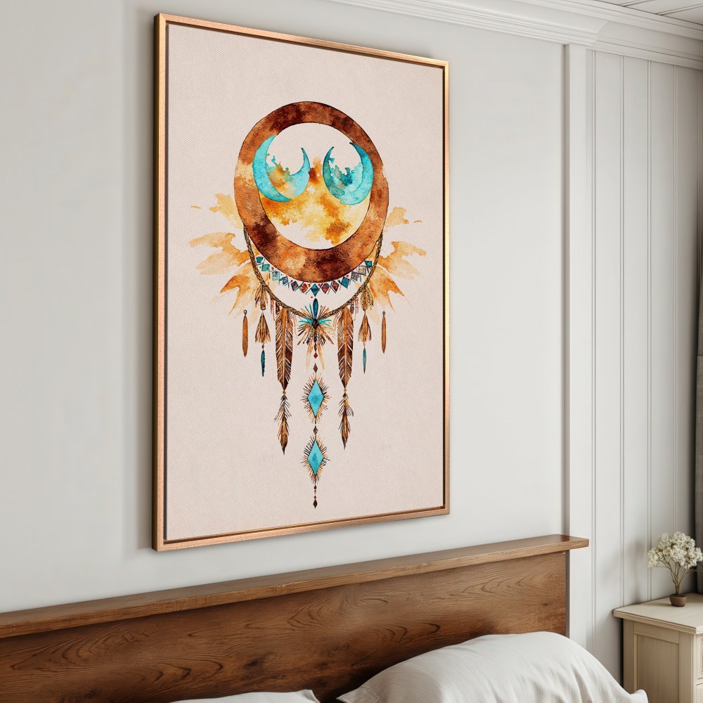 Framed Wall Art: Dreamcatcher watercolor print in warm earth tones with pops of turquoise. Boho style canvas art for bedroom or living room decor.