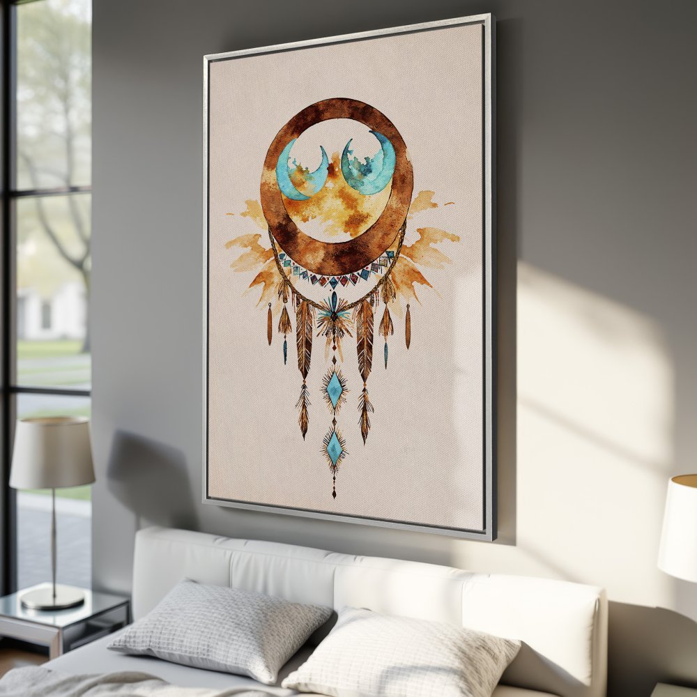 Framed Wall Art: Watercolor dreamcatcher print in boho style. Earthy tones with pops of turquoise. Perfect bedroom decor!