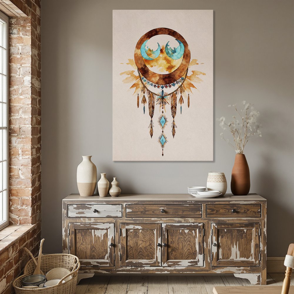 Framed Wall Art: Watercolor dreamcatcher print in boho style. Features teal, brown, and beige color palette. Perfect for living room or dining room decor.