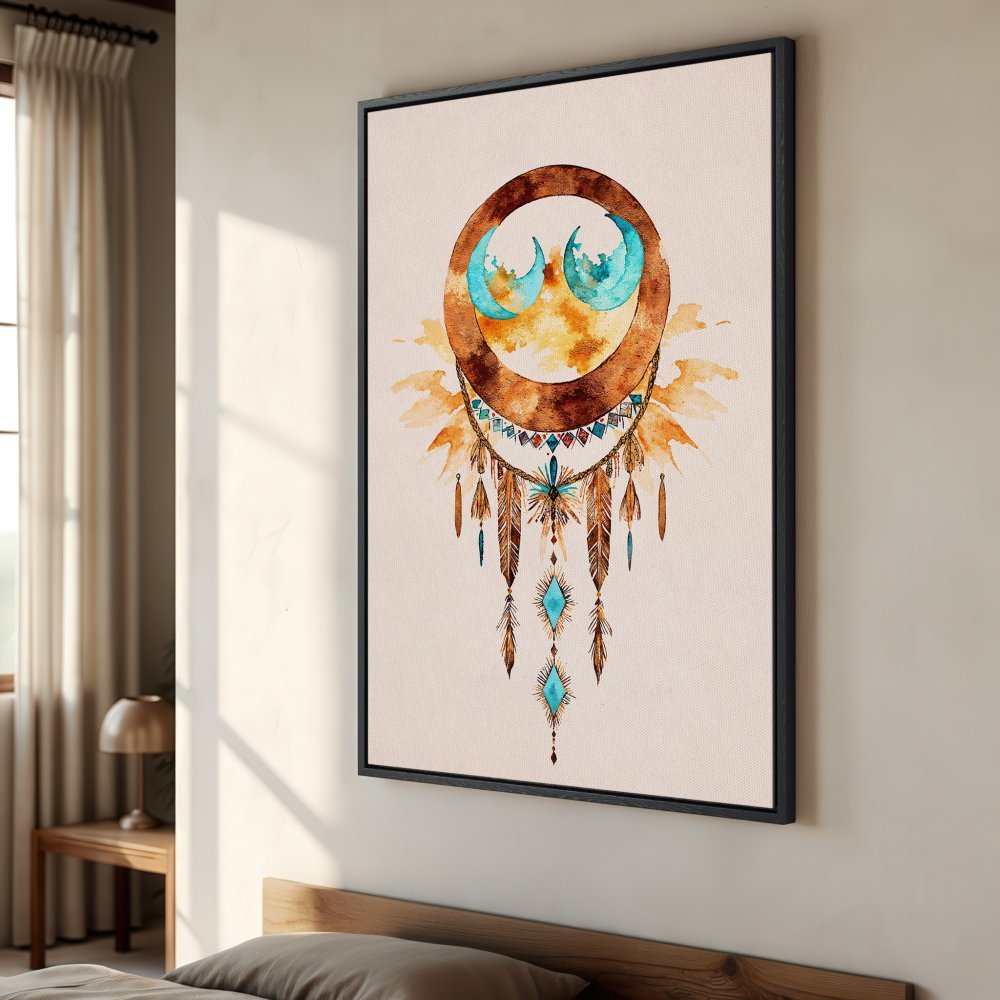 Framed Wall Art: Watercolor dreamcatcher in warm earth tones with turquoise accents. Boho style canvas print for bedroom decor.