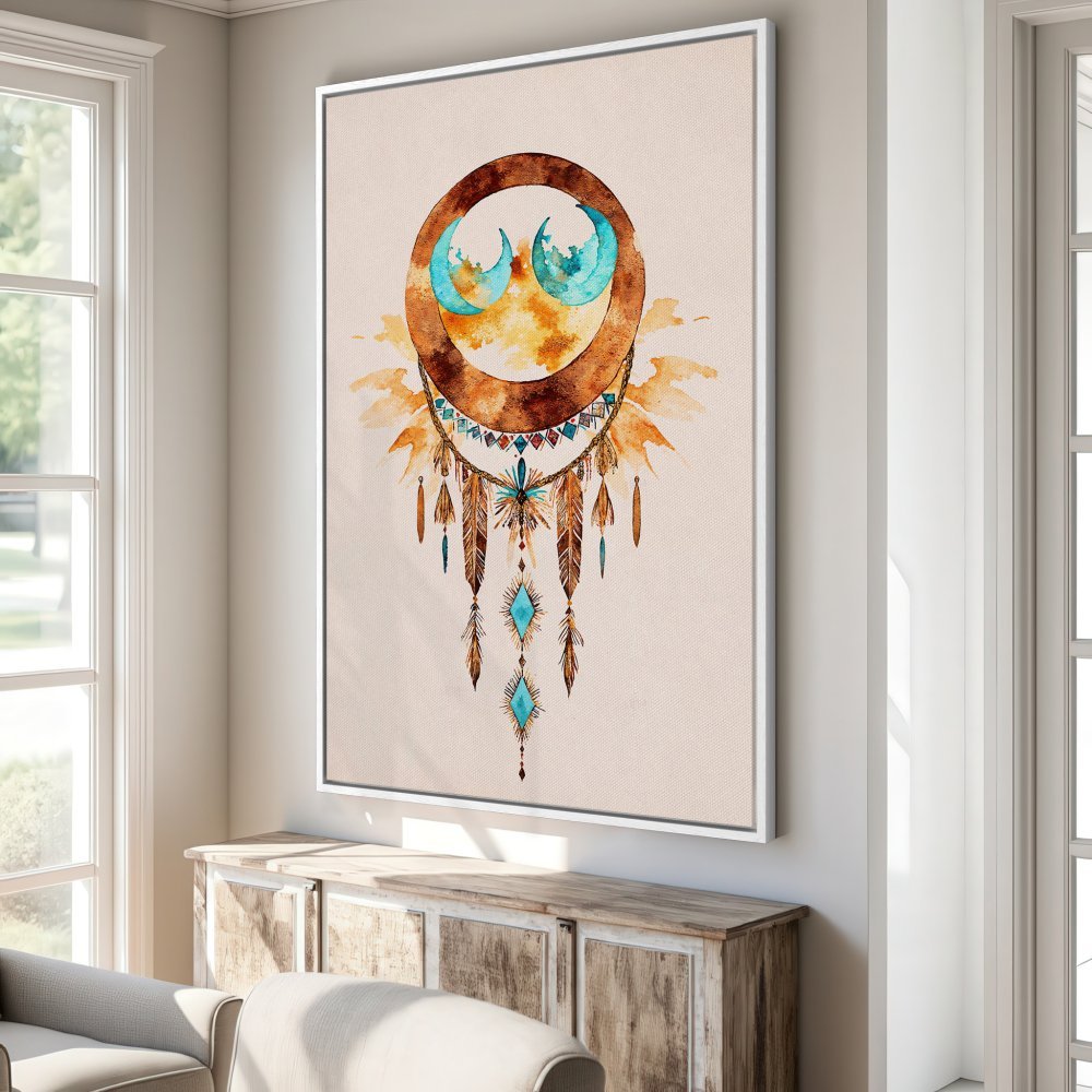 Framed Wall Art featuring a bohemian watercolor dreamcatcher in warm earth tones with pops of turquoise, perfect for adding a touch of artistry to your space.