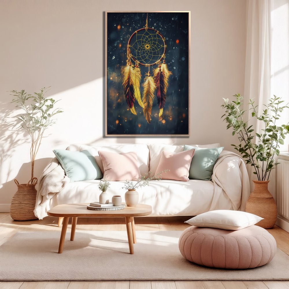 Framed Wall Art: Dreamcatcher Canvas Print in warm gold and teal tones. Boho decor for a cozy living room. Shop now!