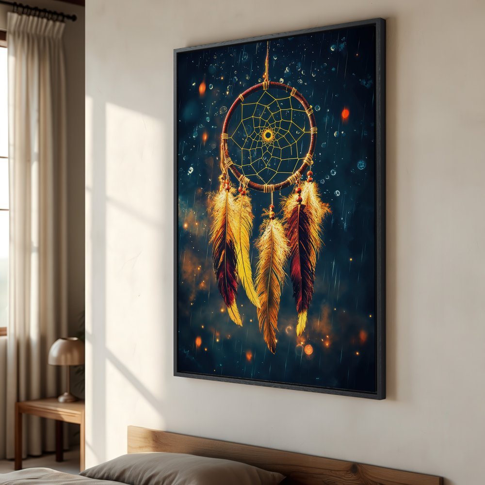 Framed Wall Art: Dreamcatcher Canvas Print in warm gold & blue tones. Boho style wall decor for bedroom or living room.