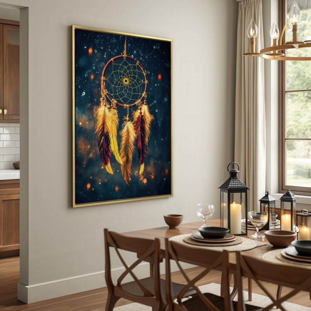 Dreamcatcher Canvas Print, bohemian style art with gold and brown tones, perfect wall decor for a cozy space.