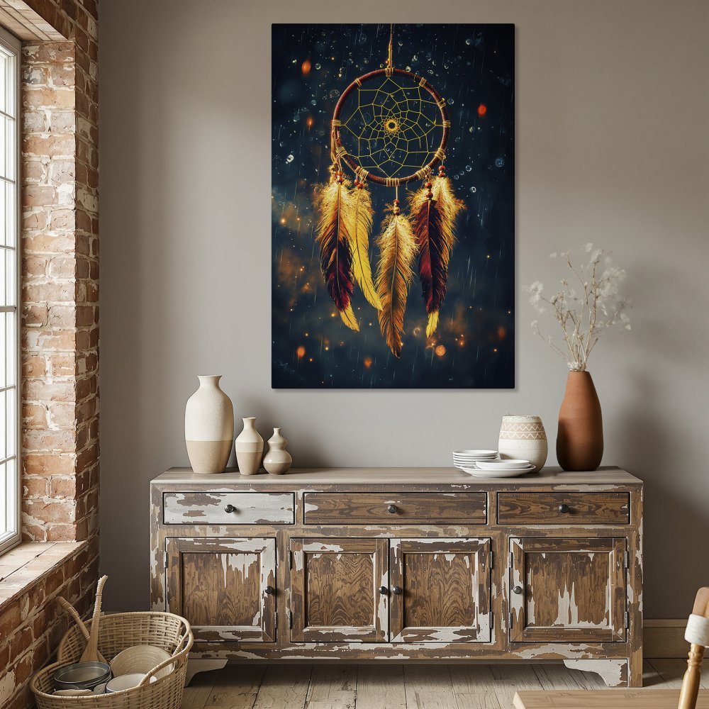 Framed Wall Art: Dreamcatcher print with gold & amber tones, perfect for bohemian decor. Enhance your space with this stunning canvas print.