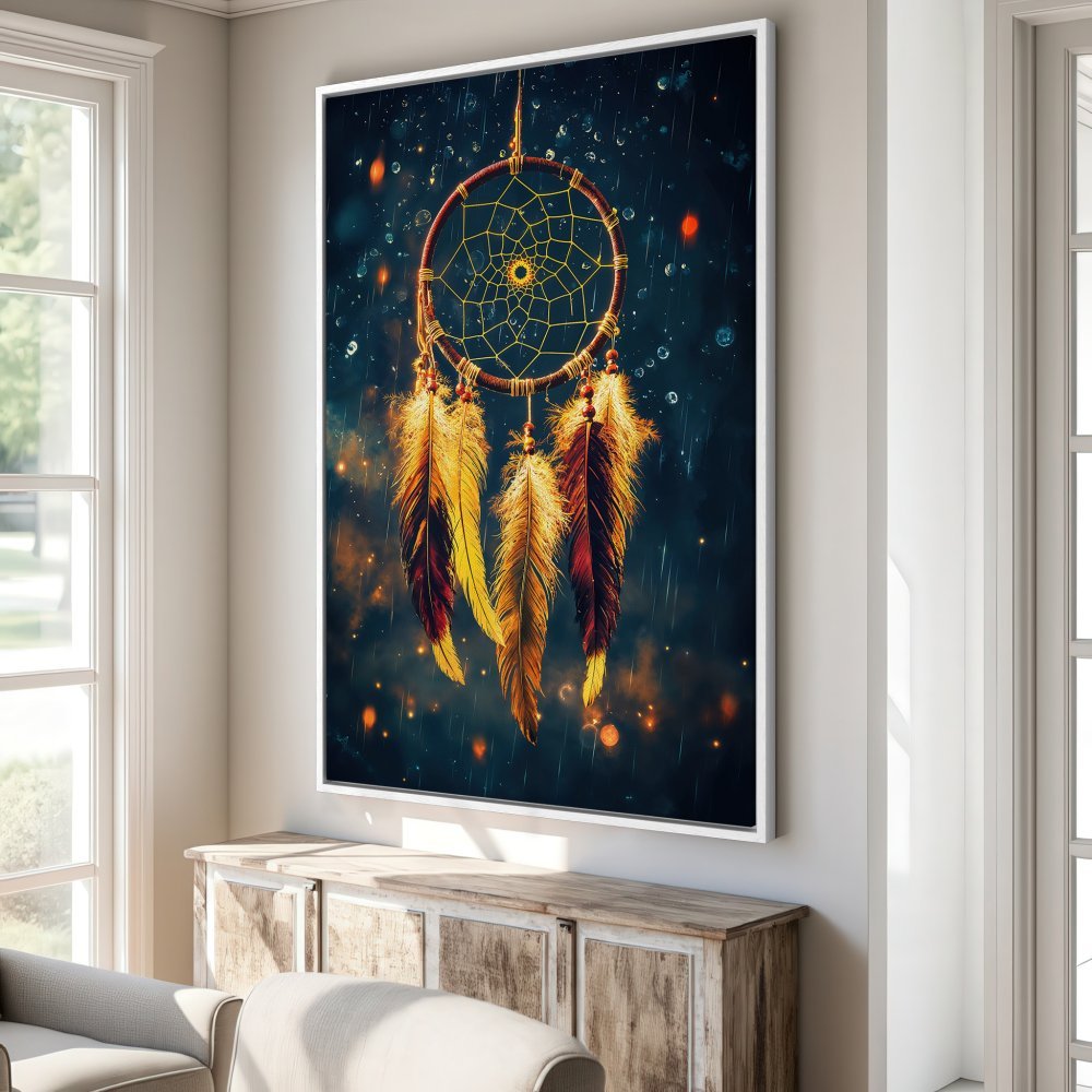 Framed Wall Art: Dreamcatcher Canvas Print in warm gold and deep blue tones. Perfect for adding bohemian style to your home decor.