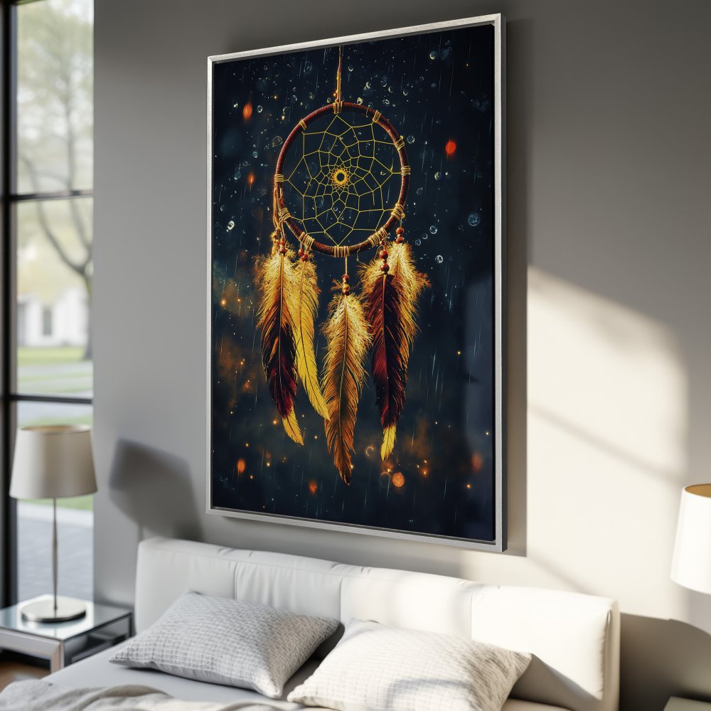 Framed Wall Art: Dreamcatcher print with warm gold and brown tones. Perfect boho decor for bedroom or living room. Add a touch of artistry!