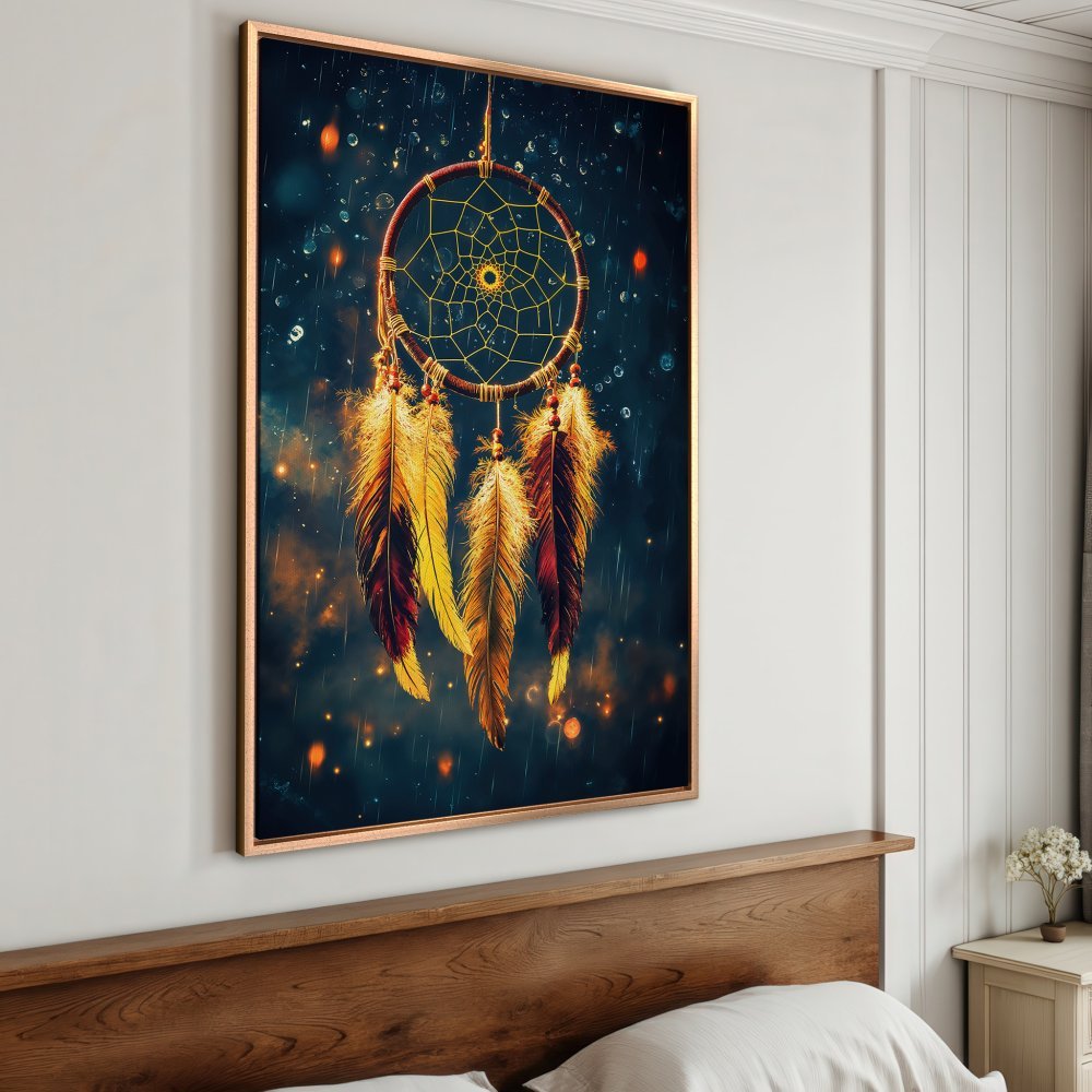 Framed Wall Art featuring a dreamcatcher. Boho style Canvas Print with warm gold, yellow, and dark blue color palette. Perfect for bedroom decor.