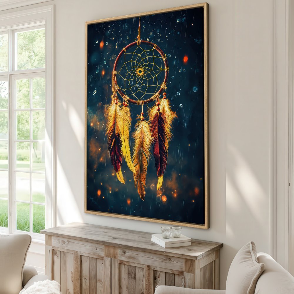 Framed Wall Art: Dreamcatcher Canvas Print with warm gold and deep blue tones, perfect for bohemian decor. Add a touch of magic to your space!