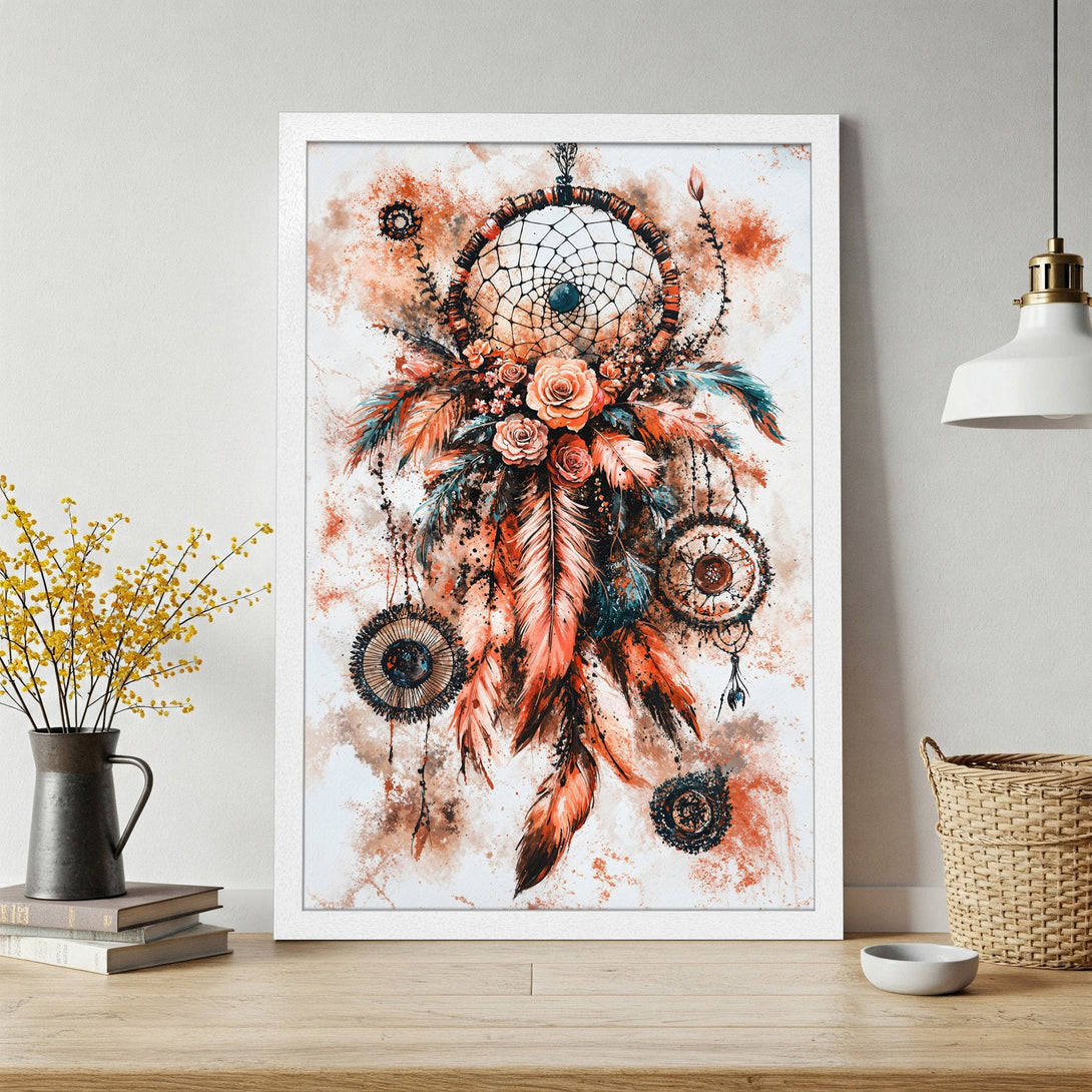Framed Poster featuring a watercolor dreamcatcher design in earthy tones. Bohemian style art print perfect for home decor.