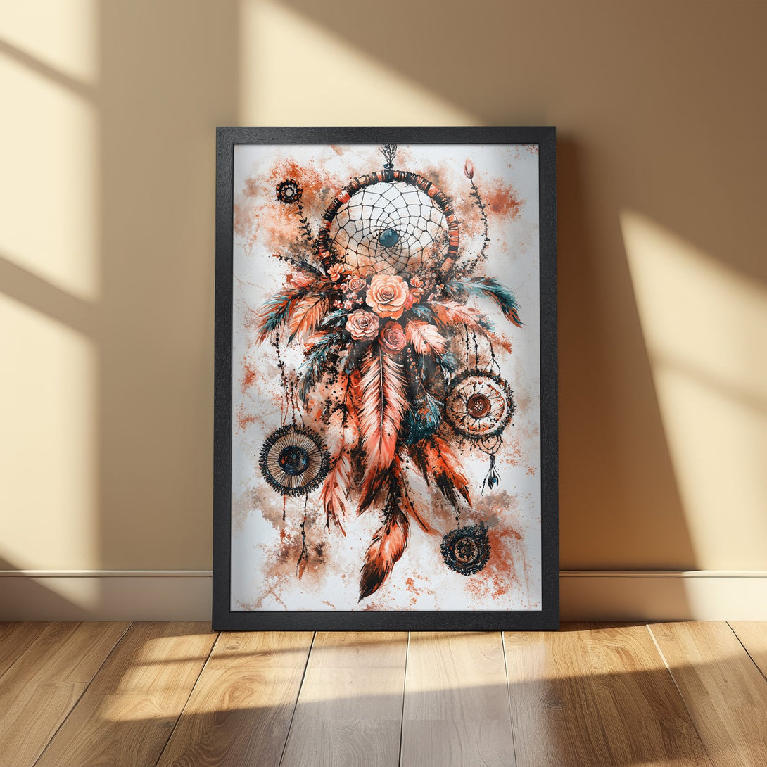 Framed Poster featuring a dreamcatcher design in watercolor style. Earthy tones of orange, teal, and brown create a bohemian aesthetic. Perfect wall art!