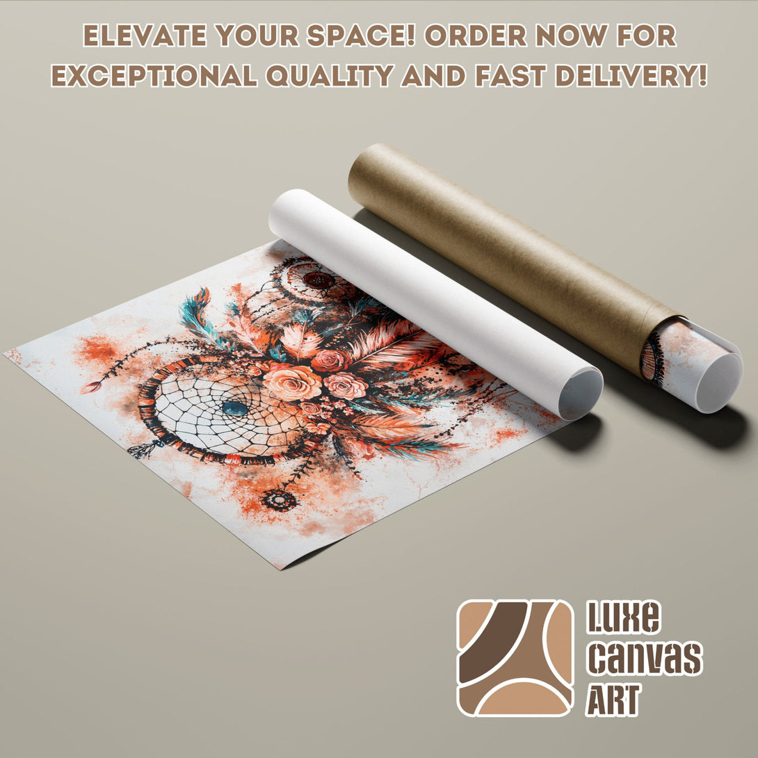 Dreamcatcher Poster Roll art print, watercolor style, warm orange and teal color palette. Elevate your space with Luxe Canvas Art!