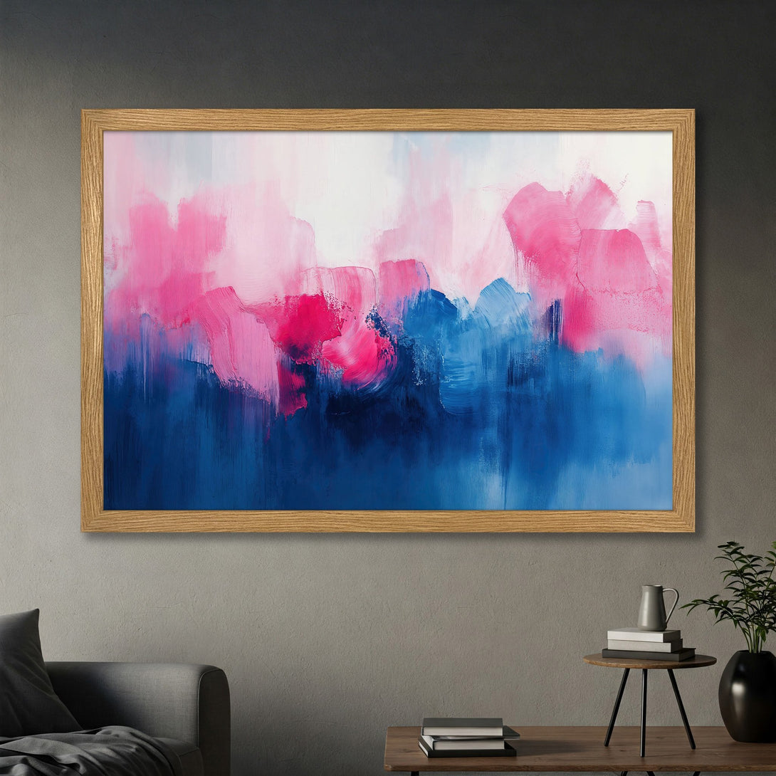 Framed Poster featuring abstract art with pink, blue, and white brushstrokes. Modern art print for home decor.