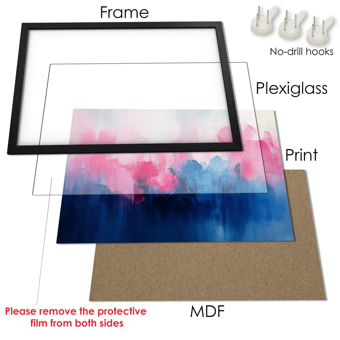 Framed Poster with abstract art in pink and blue hues. Modern wall art for your home or office.