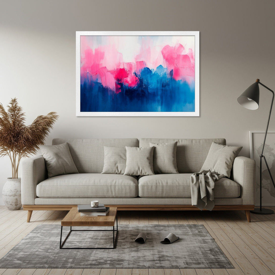 Framed Poster featuring abstract brushstrokes in pink & blue. Modern art print perfect for home decor. Add a pop of color with this beautiful poster!