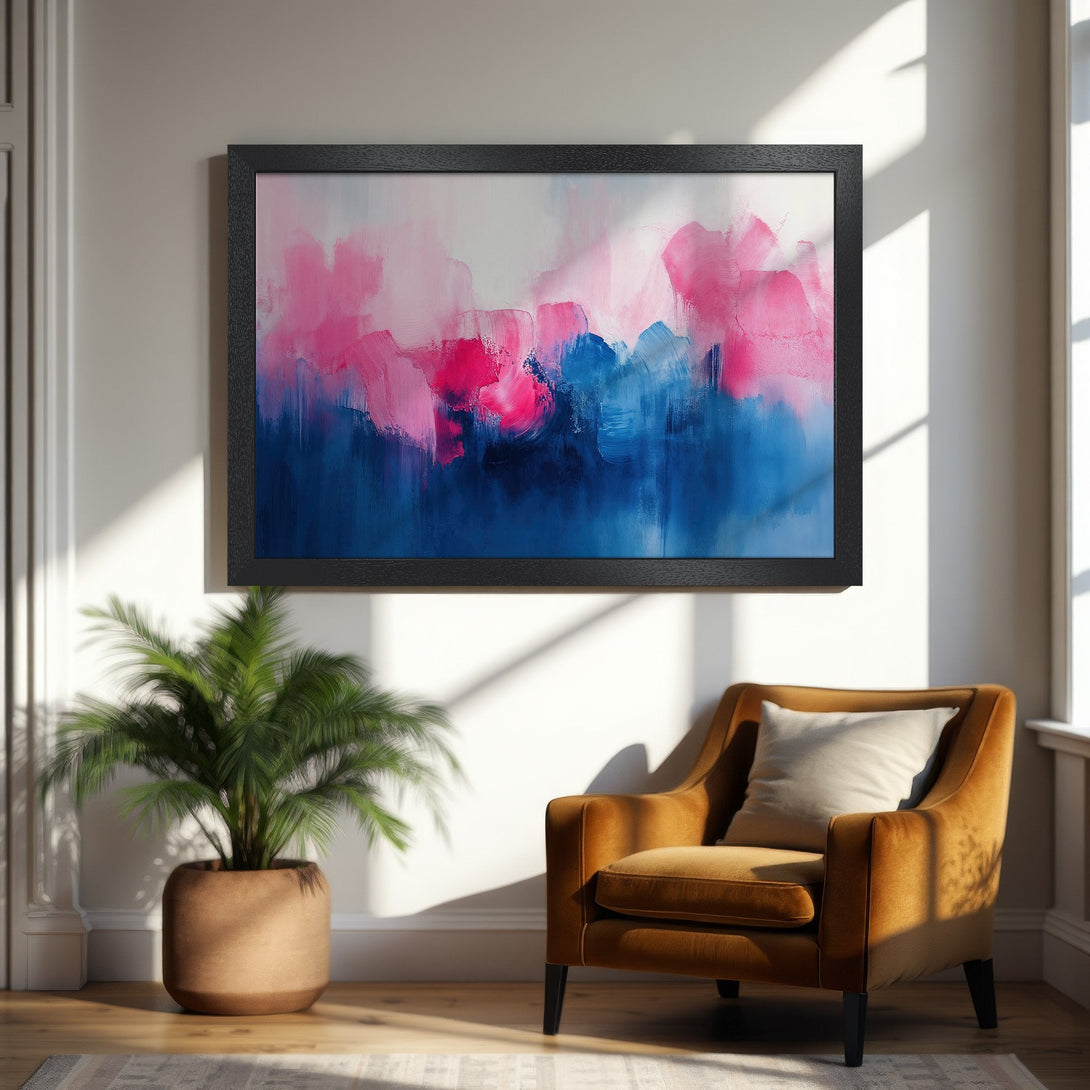 Framed Poster: Abstract art in pink and blue hues. Modern style for home decor.