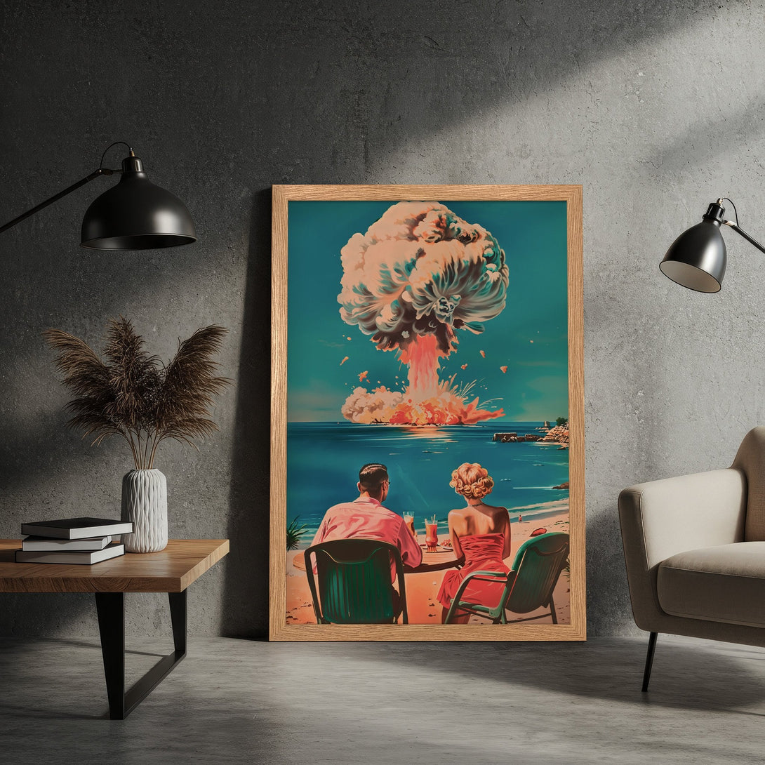 Framed Poster: Retro art print of couple on beach with atomic explosion, teal, orange, and pink color palette. Perfect wall decor!