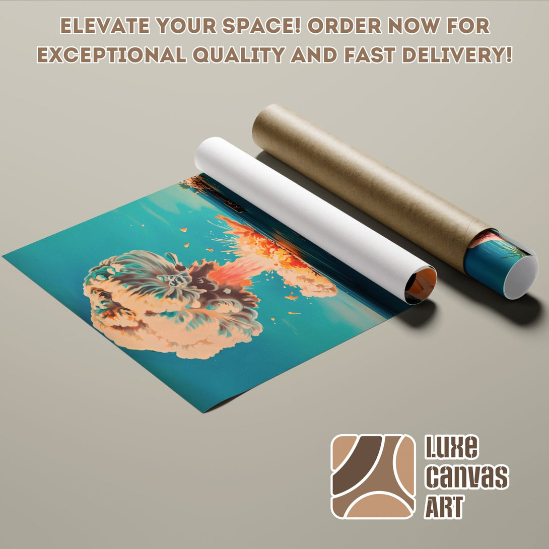 Poster Roll featuring a vibrant abstract jellyfish art print with teal and orange tones. Elevate your space with Luxe Canvas Art!