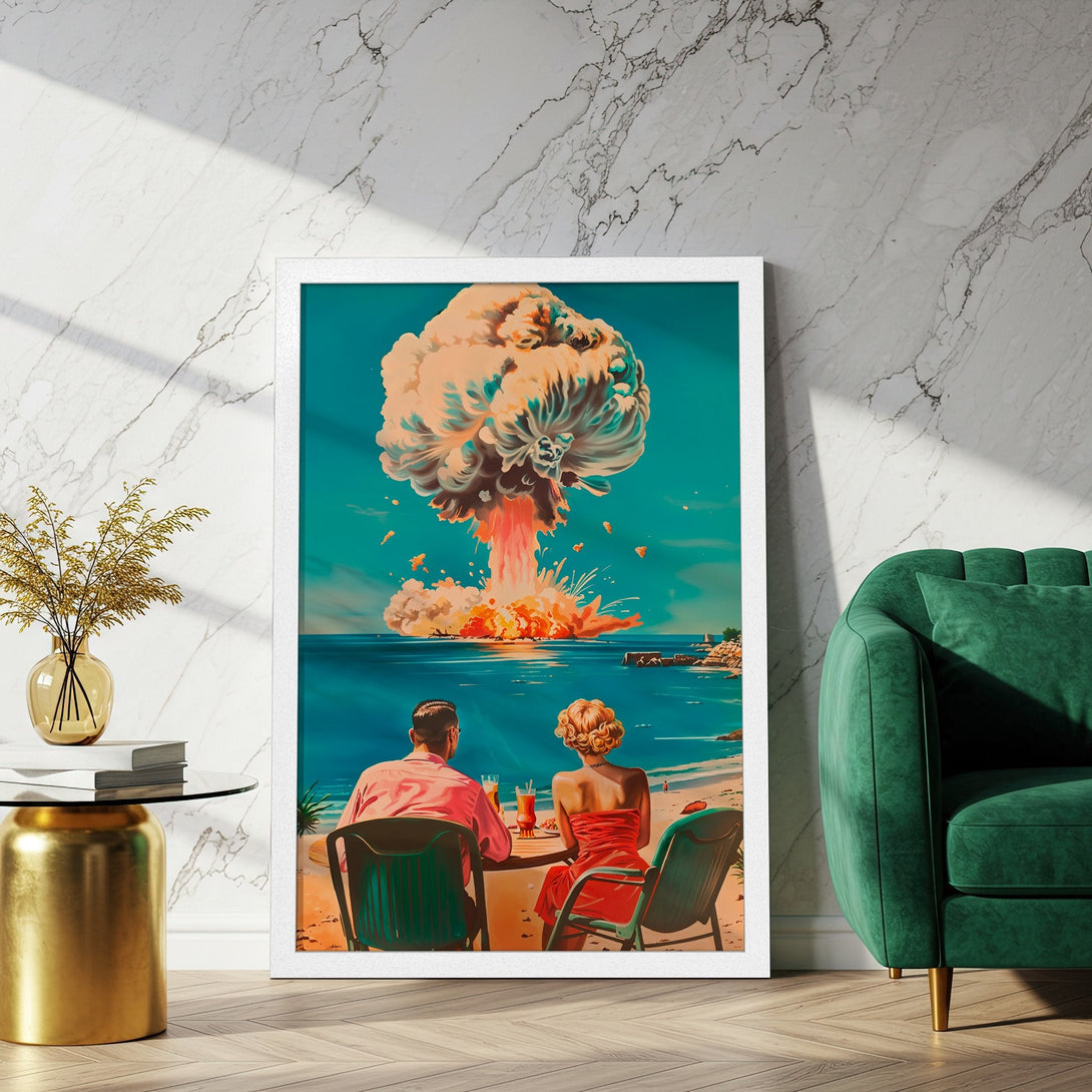 Framed Poster featuring a retro couple on a beach, vibrant colors, atomic explosion art style. Add a touch of vintage charm to your space!
