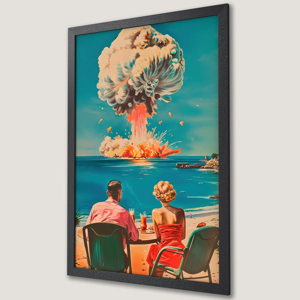 Framed Poster: Retro couple on beach watching a nuclear explosion. Vibrant colors, vintage style. Perfect wall art!