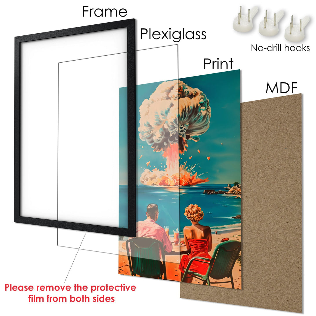 Framed Poster: Atomic explosion art print in retro style with a vibrant color palette. Perfect wall decor!