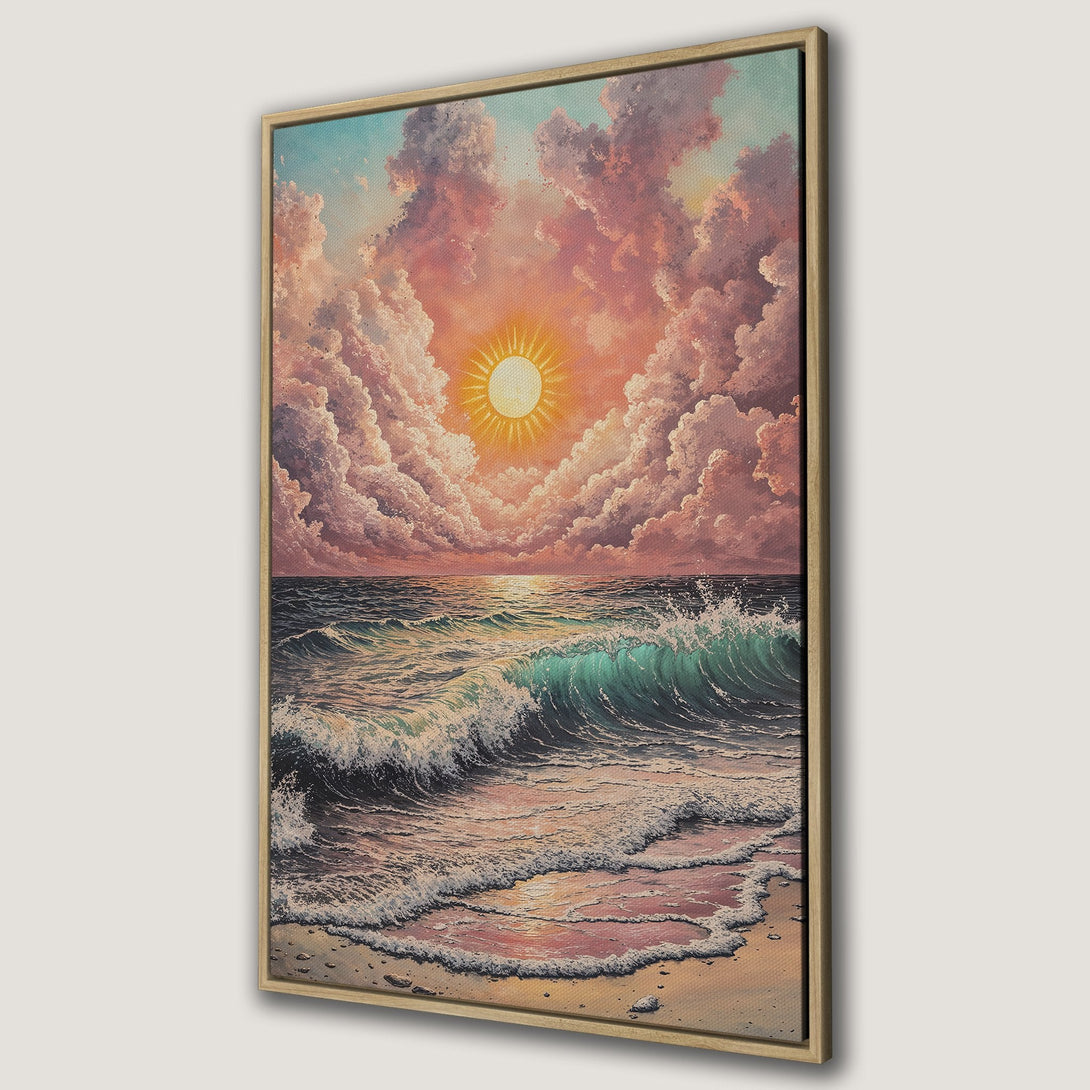 Framed Wall Art: Stunning ocean sunset canvas print. Features a vibrant sky, turquoise waves, and warm pink & orange hues. Perfect coastal decor.