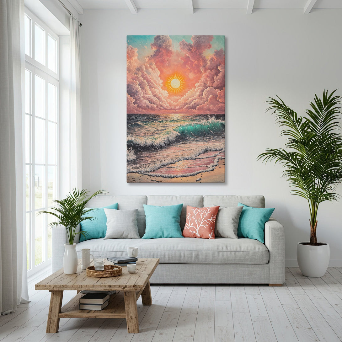 Framed Wall Art: Coastal sunset canvas print in a gold frame. Features vibrant blues, pinks, and oranges. Perfect for adding a touch of serenity to your home decor.