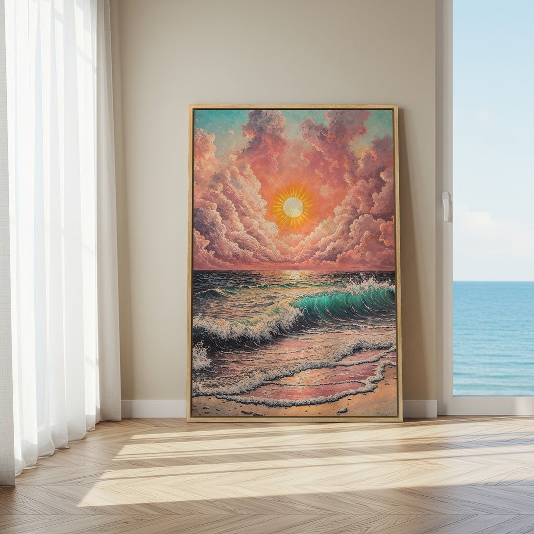 Framed Wall Art: Coastal sunset painting in warm pinks, oranges, and blues. Adds a serene, artistic touch to any space. Shop now!