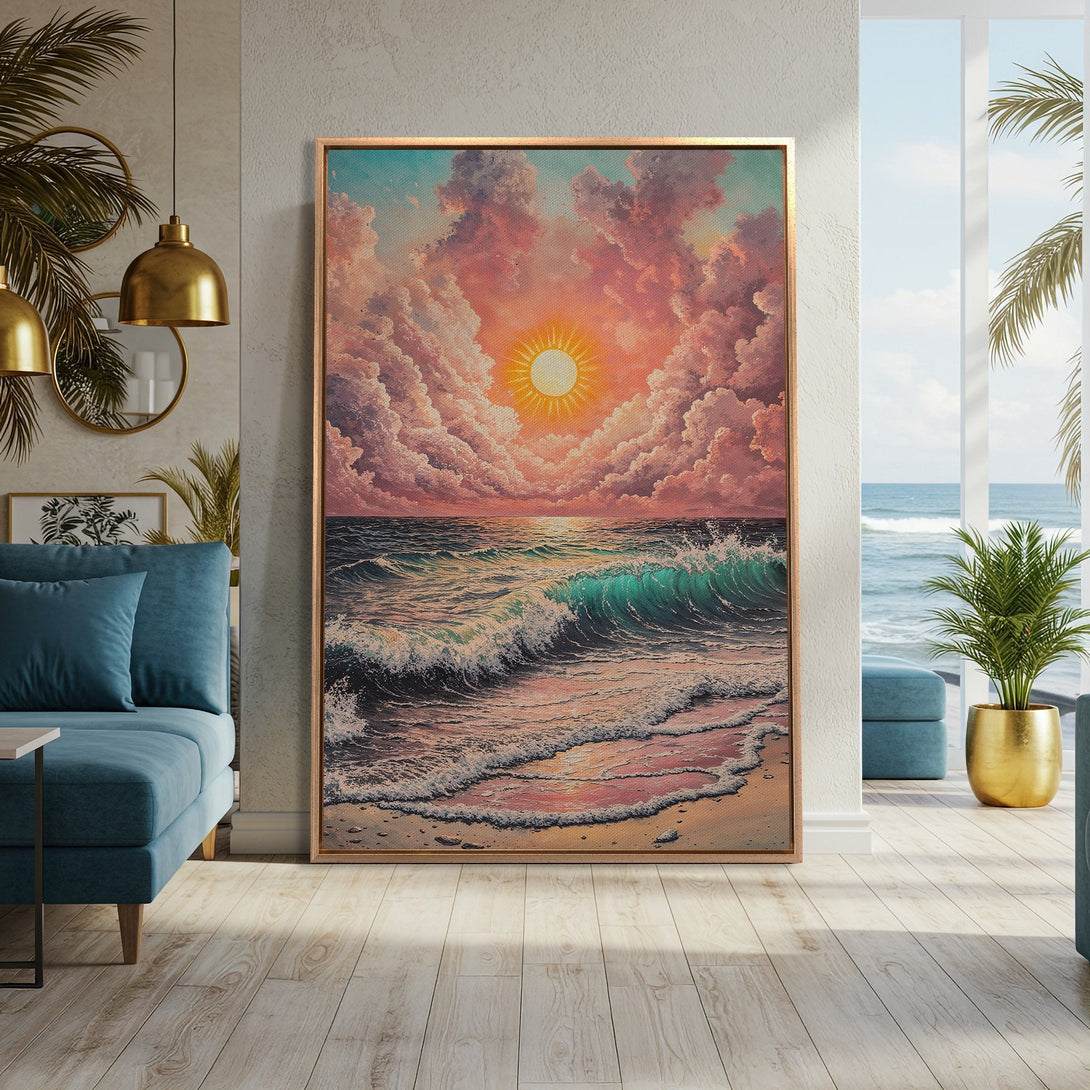 Framed Wall Art featuring a sunset over the ocean. Warm, inviting color palette with shades of pink, orange, and teal. Coastal style canvas print for your home.