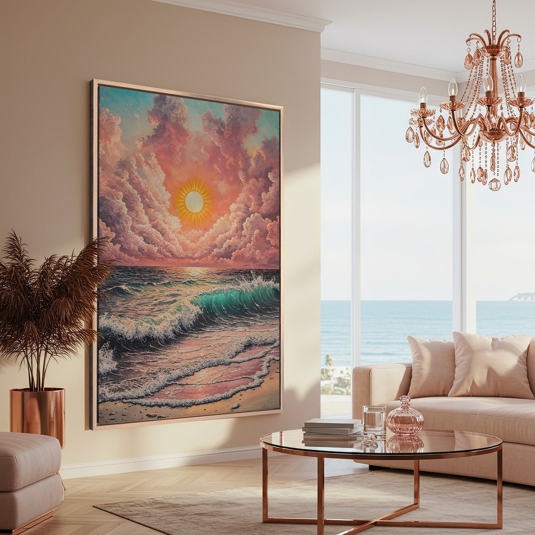 Framed Wall Art: Coastal sunset Canvas Print in warm, inviting colors. Perfect for adding a touch of serene beauty to your living room decor.