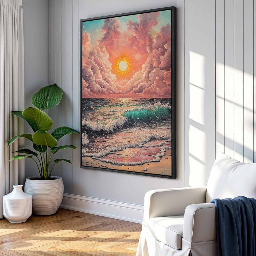 Framed Wall Art Canvas Print of a sunset over the ocean. Warm, pastel color palette with blues, pinks, and yellows. Coastal decor for your home.