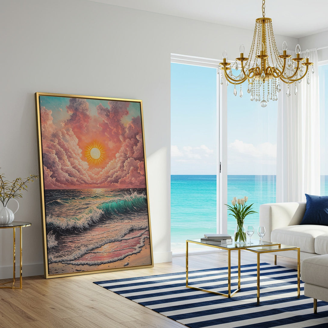 Canvas Print of a serene ocean sunset with pink clouds. Coastal wall art in a modern living room, featuring a warm, inviting color palette.
