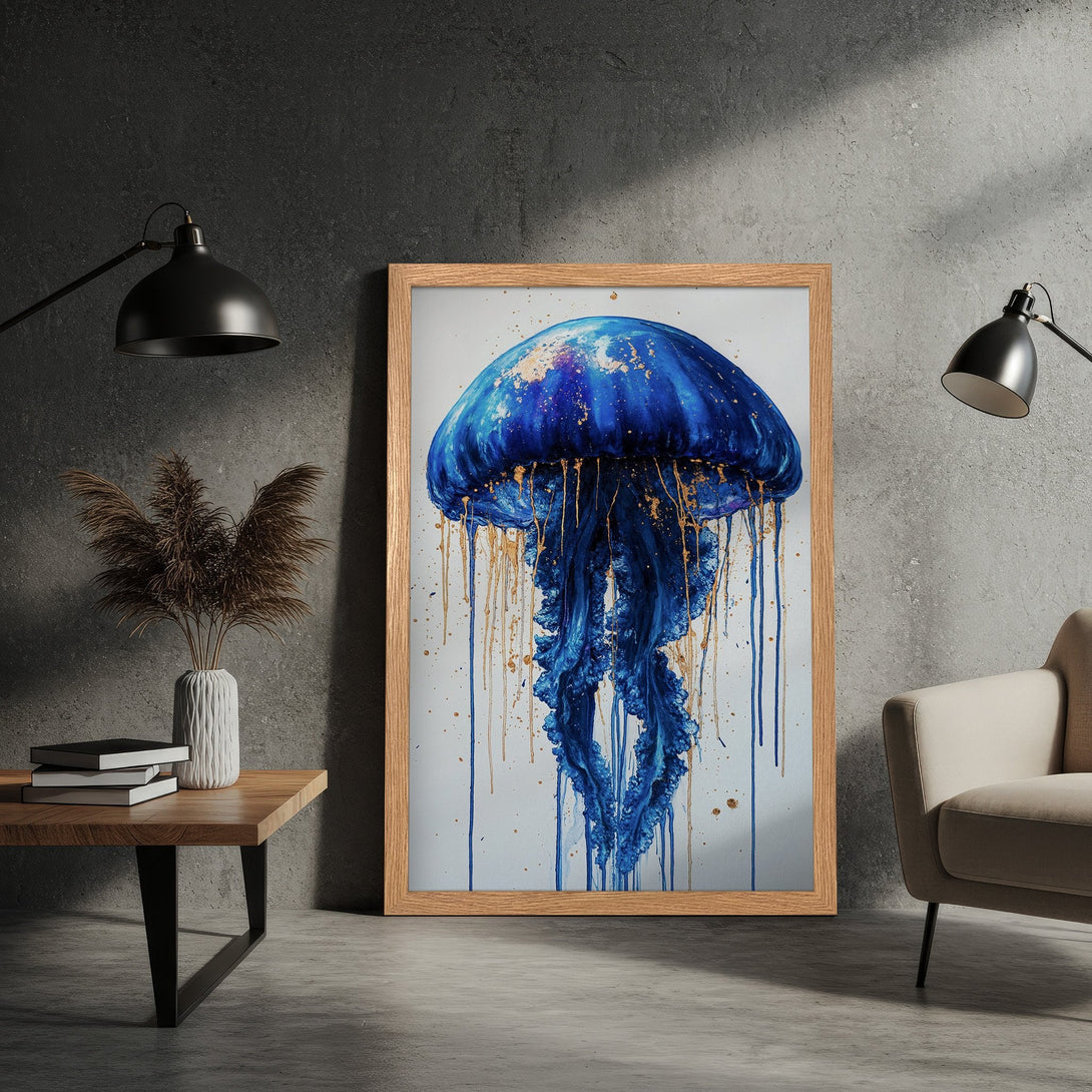 Framed Poster featuring a vibrant blue jellyfish art print with gold accents. Modern style, striking blue & gold color palette. Perfect wall decor.